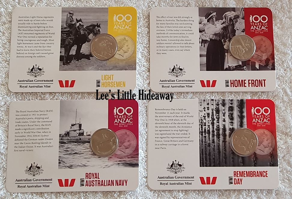 2015 set of 4 Anzacs Remembered - Light Horseman, Home Front, Royal Australian Navy & WWI Remembrance Day.