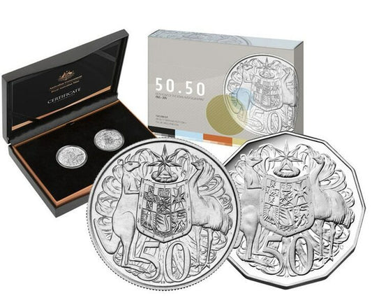 2015 50.50 2 coin set (1966 round + 2015 "C" Mintmark Proof) Fifty Years of the Royal Australian Mint