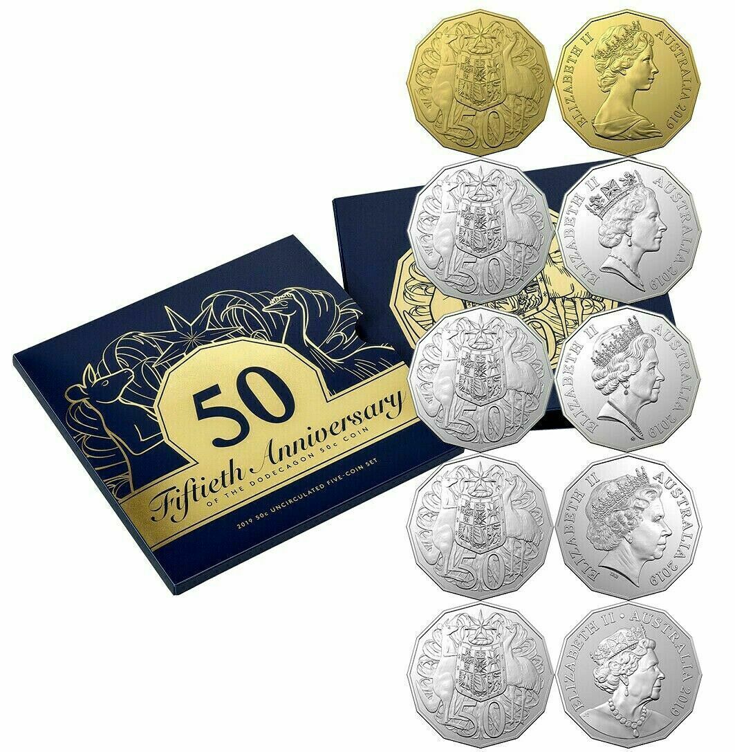 2019 50th ANNIVERSARY DODECAGON 50c 5 COIN UNCIRCULATED SET ROYAL AUSTRALIAN MINT