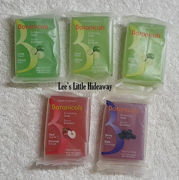 Nutrimetics Botanicals Exfoliating Soap - 3 x Lime Fresh, 1 x Red Apple, 1 x Berry Twist 100g each