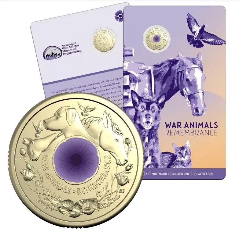 2024 $2 Purple Poppy War Animals Remembrance ‘C’ Mintmark Uncirculated Coin UNC