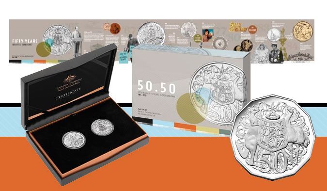 2015 50.50 2 coin set (1966 round + 2015 "C" Mintmark Proof) Fifty Years of the Royal Australian Mint