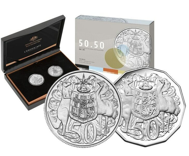 2015 50.50 2 coin set (1966 round + 2015 "C" Mintmark Proof) Fifty Years of the Royal Australian Mint