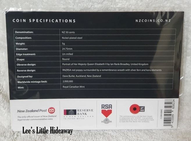 2018 Armistice Day Commemorative Circulating Coin 11.11.11 New Zealand 50 cent