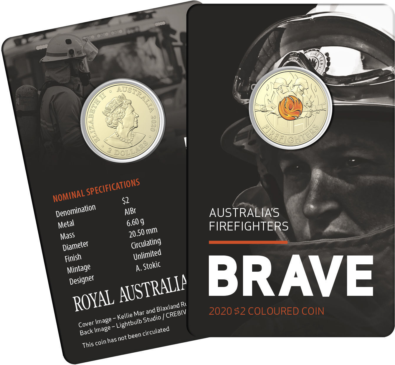 2020 $2 Coloured UNC Coin - Brave Australia's Firefighters Card (credit card size)
