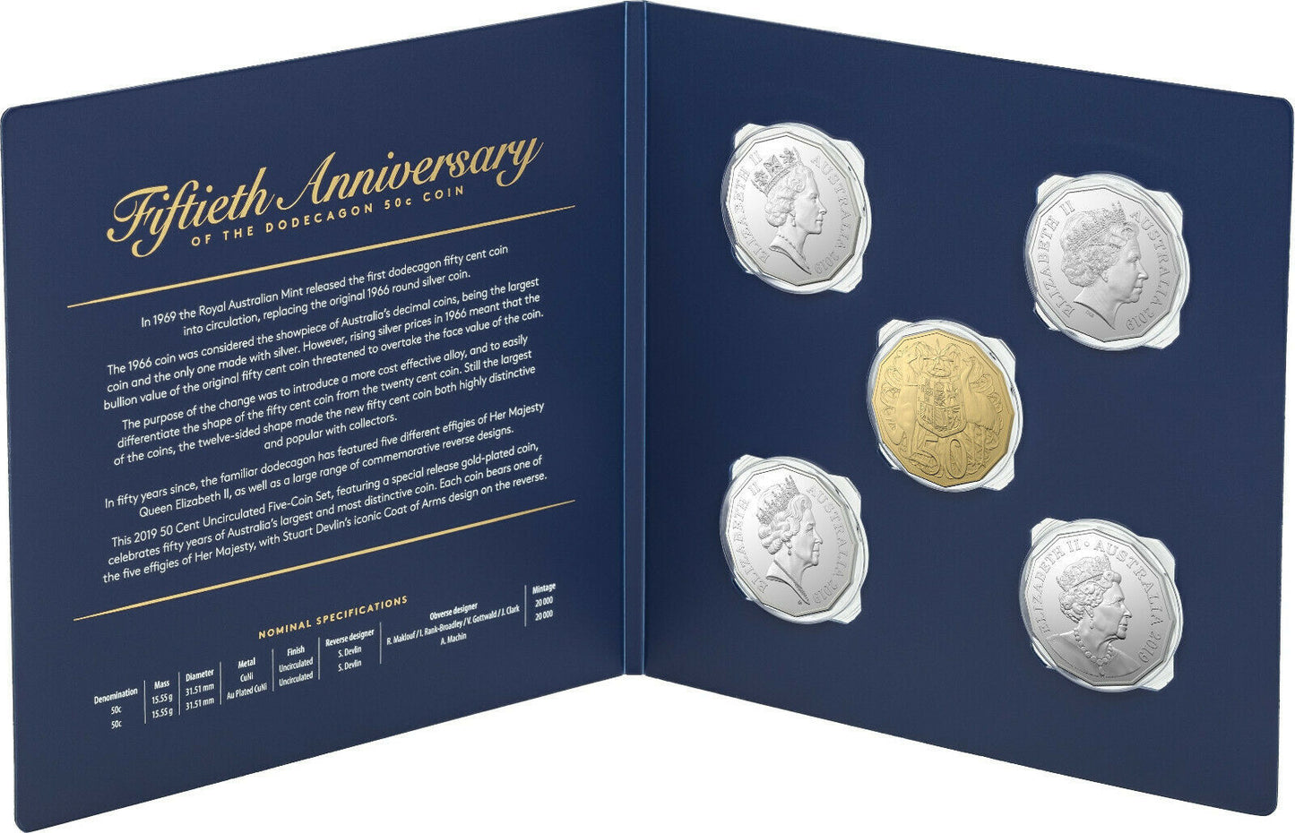 2019 50th ANNIVERSARY DODECAGON 50c 5 COIN UNCIRCULATED SET ROYAL AUSTRALIAN MINT