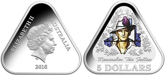 2016 $5 Coloured Fine Silver Proof Triangular Coin - Remember The Fallen Royal Australian Mint