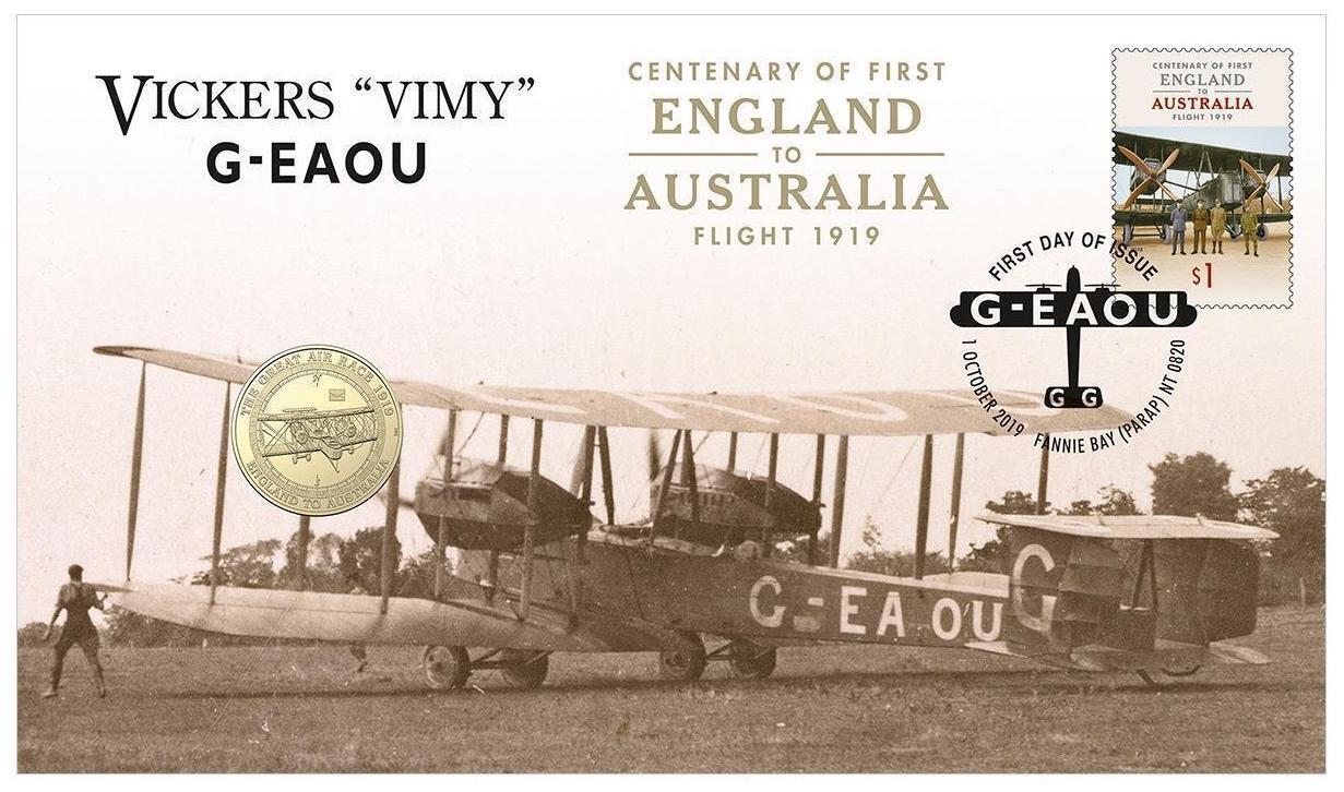 2019 $1 Centenary of First Flight England to Australia Vickers 'Vimy' G-EAOU Coin & Stamp Cover PNC