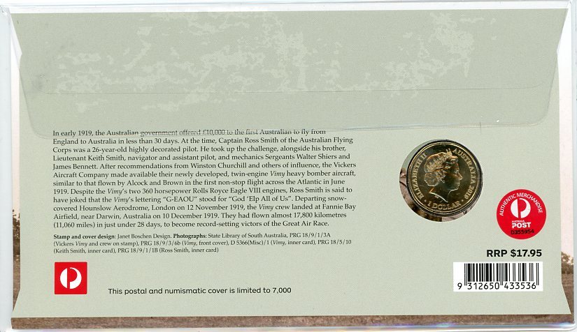 2019 $1 Centenary of First Flight England to Australia Vickers 'Vimy' G-EAOU Coin & Stamp Cover PNC
