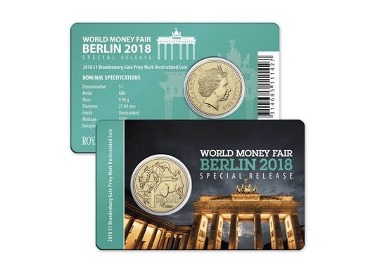 2018 $1 WMF (World Money Fair) Berlin Brandenburg Gate Privy Mark Uncirculated Coin on Card