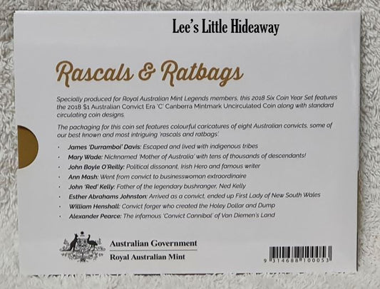 2018 Rascals & Ratbags Legends Edition Uncirculated 6 Coin Set (Ballot) Royal Australian Mint