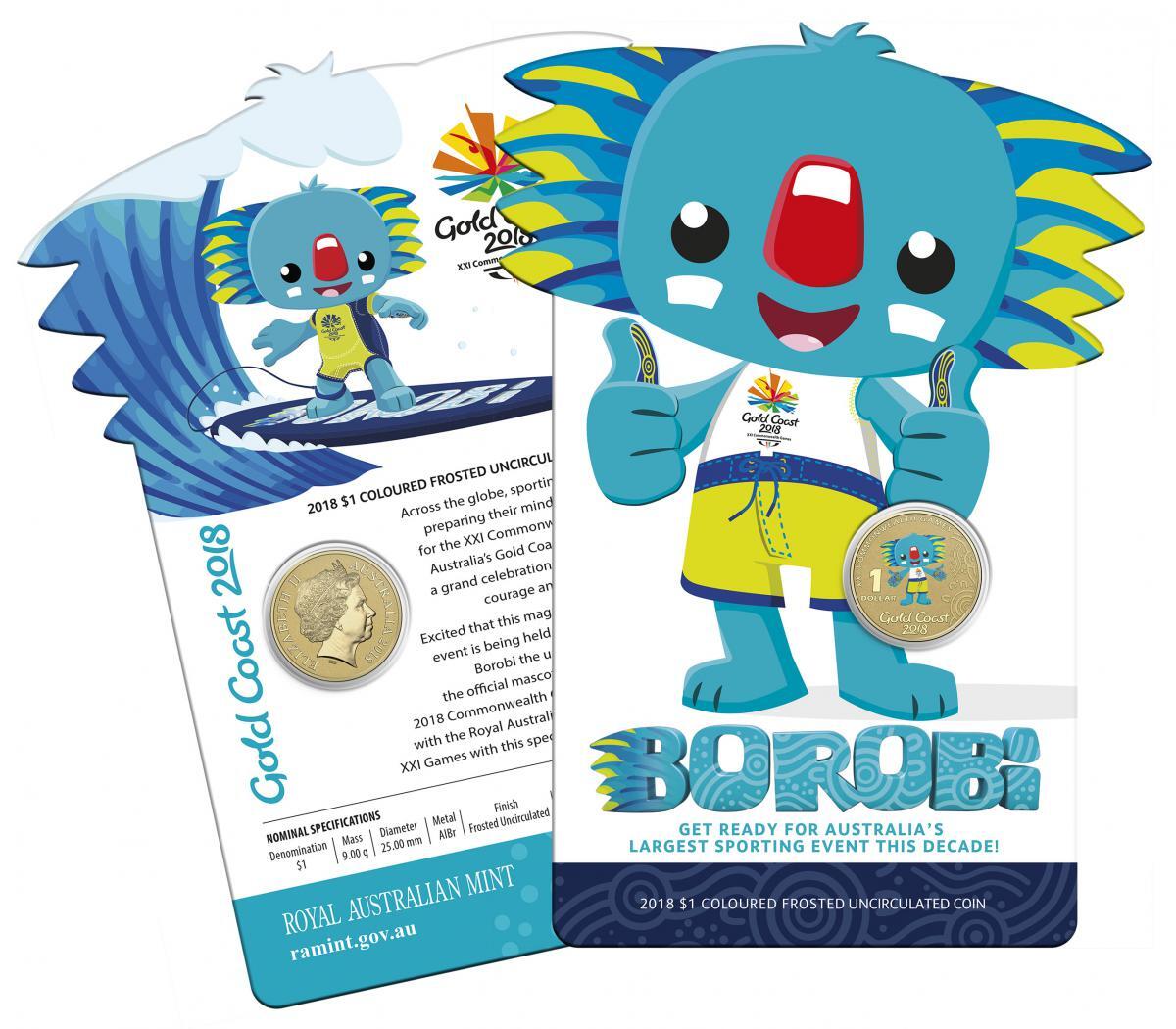 2018 $1 Coloured Frosted Australian Gold Coast Commonwealth Games Borobi UNC on card Royal Australian Mint