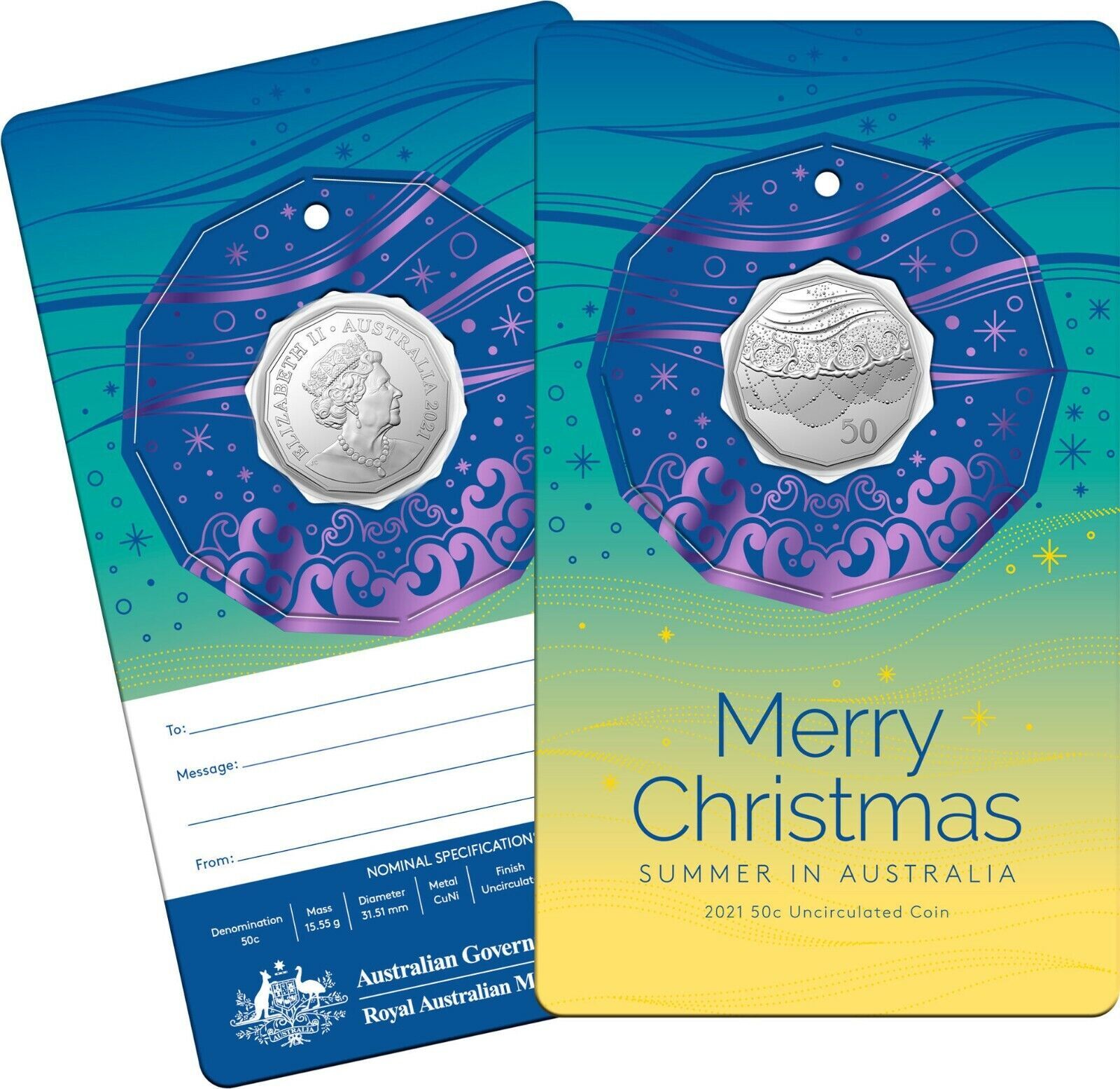 2021 50c Uncirculated Coin Merry Christmas Decoration - coin on card