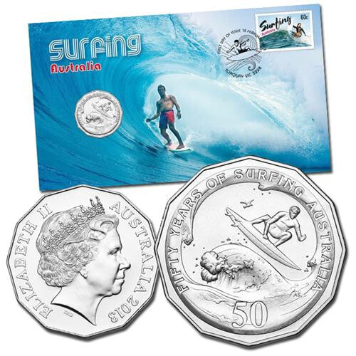 2013 Surfing Australia 50th Anniversary Stamp and coin cover PNC 50 cent