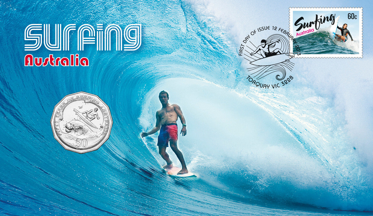 2013 Surfing Australia 50th Anniversary Stamp and coin cover PNC 50 cent