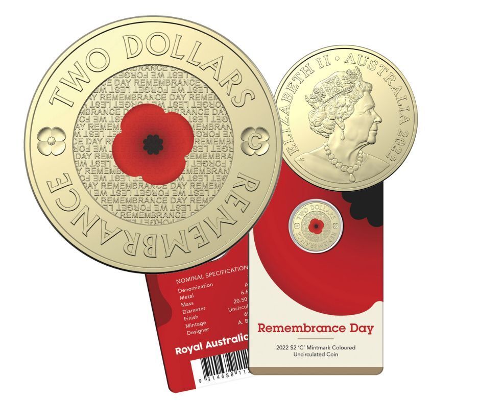 2022 $2 Remembrance Day red poppy 'C' Mintmark UNC