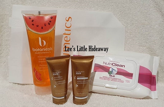 Nutrimetics Care Pack (Shower gel, wipes, shampoo, conditioner & enviro bag)