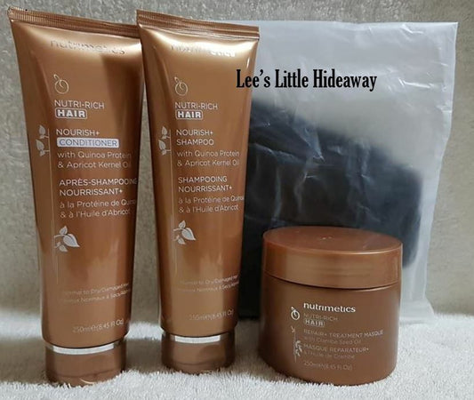Nutrimetics Nutri-Rich Hair Nourish+ Shampoo, Conditioner & Masque Pack plus FREE GIFTS (Hair Spray and wrap)!
