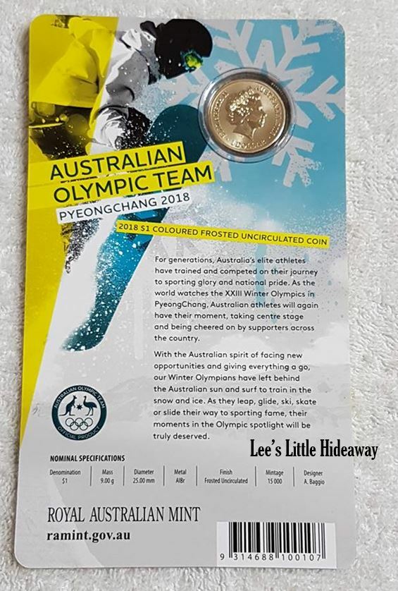 Australian Olympic Team Pyeongchang 2018 $1 coloured frosted uncirculated coin.
