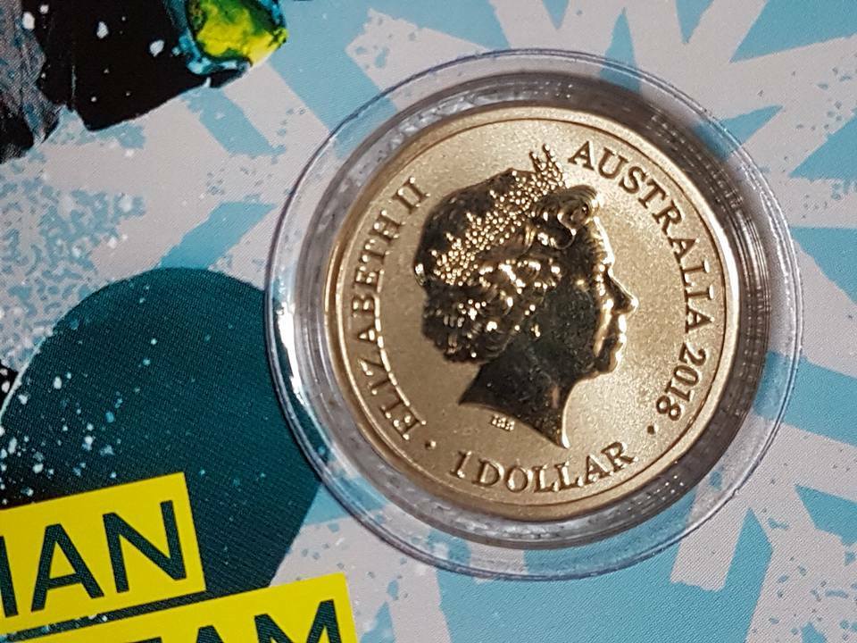 Australian Olympic Team Pyeongchang 2018 $1 coloured frosted uncirculated coin.