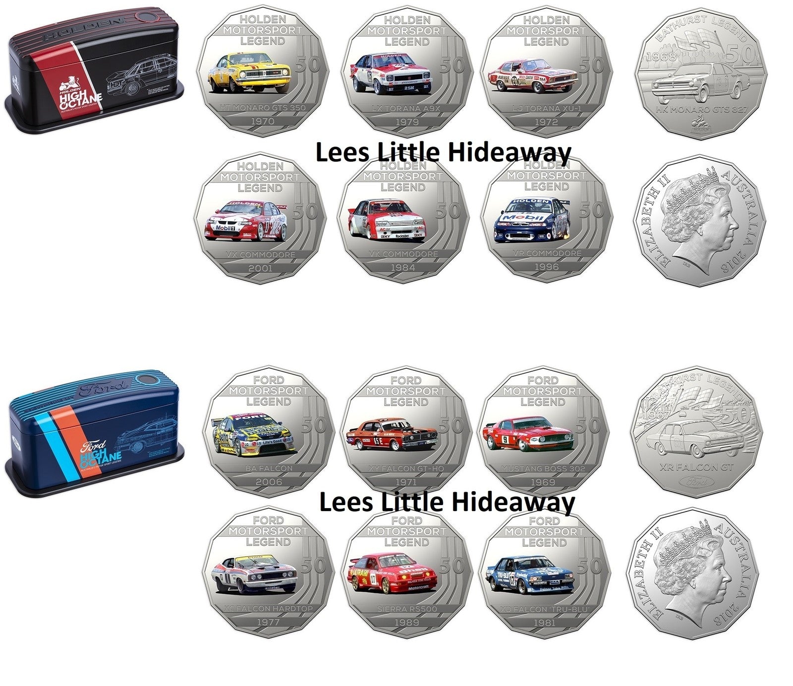 2018 Ford & Holden Motorsport 7 Coin Collection with collectors tins (1 of each set)