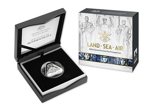 2018 $5 Coloured Fine Silver Proof Triangular Coin - Land Sea Air