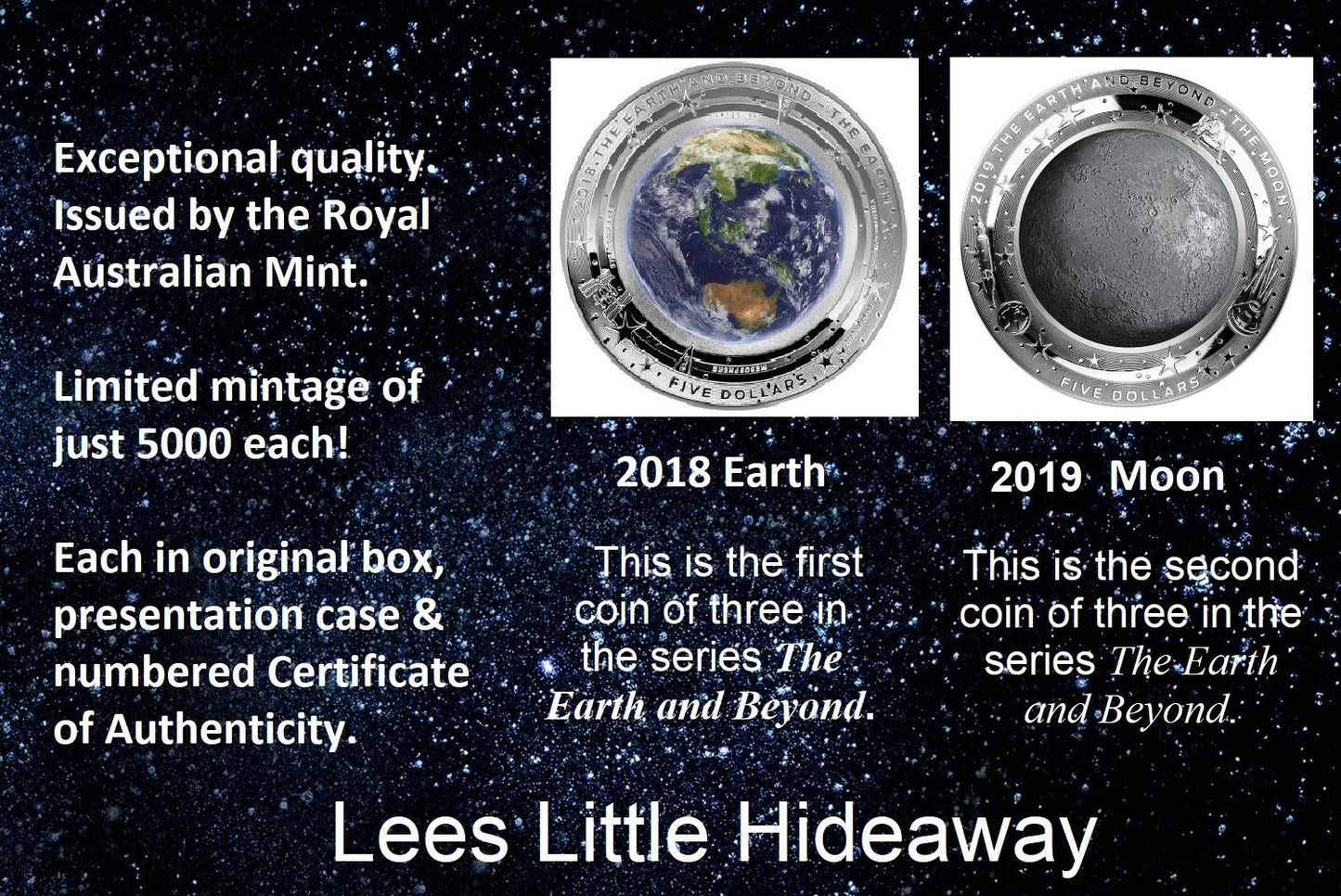EARTH & MOON - AUSTRALIA 2018 & 2019 $5 1oz PROOF COINS THE EARTH AND BEYOND SERIES (1 of each)