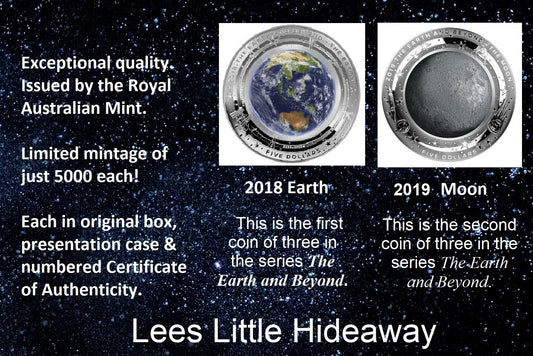 EARTH & MOON - AUSTRALIA 2018 & 2019 $5 1oz PROOF COINS THE EARTH AND BEYOND SERIES (1 of each)