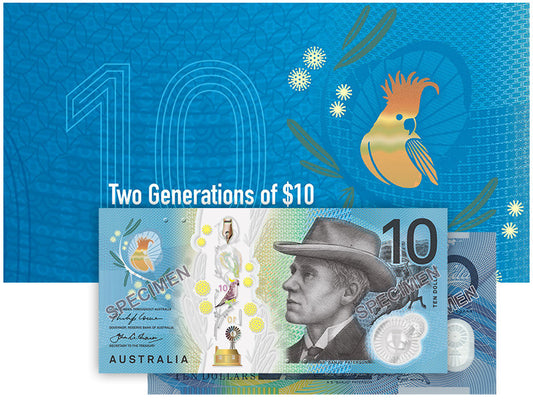 Two Generations of $10 banknotes RBA official folder UNC pair
