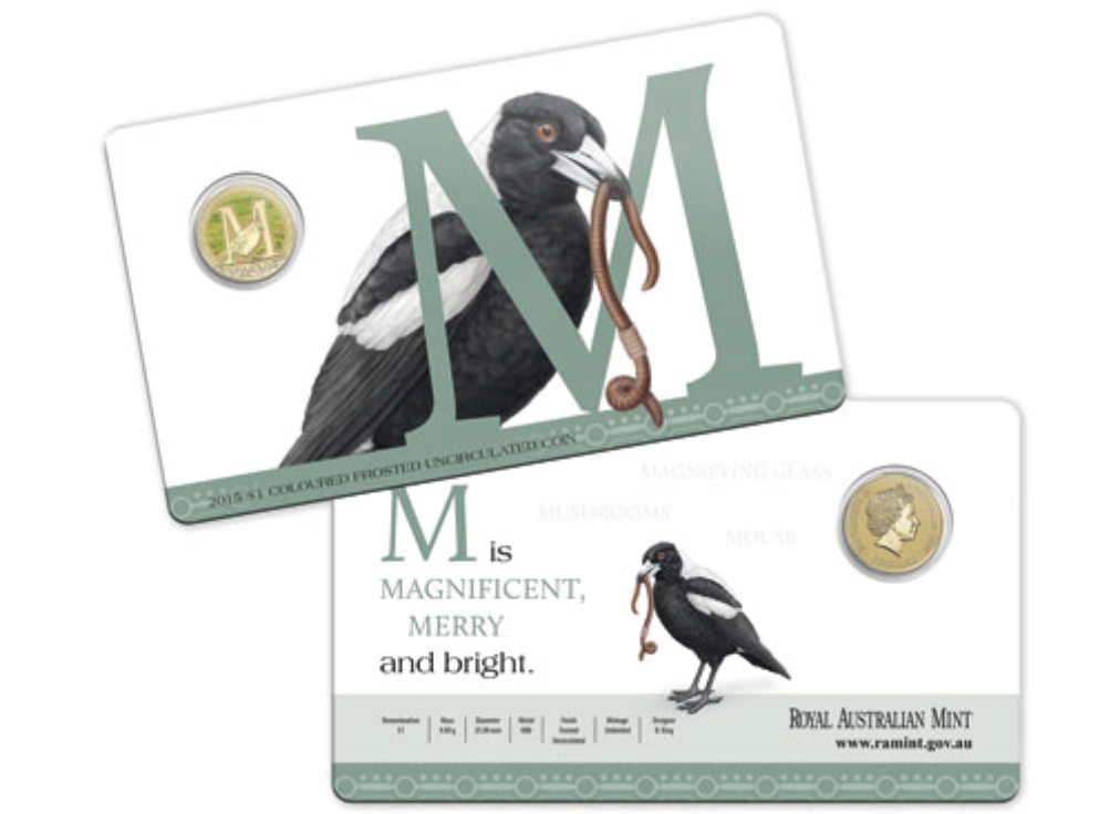 2015 Alphabet Collection Letter M $1 Coloured Frosted Coin RAM