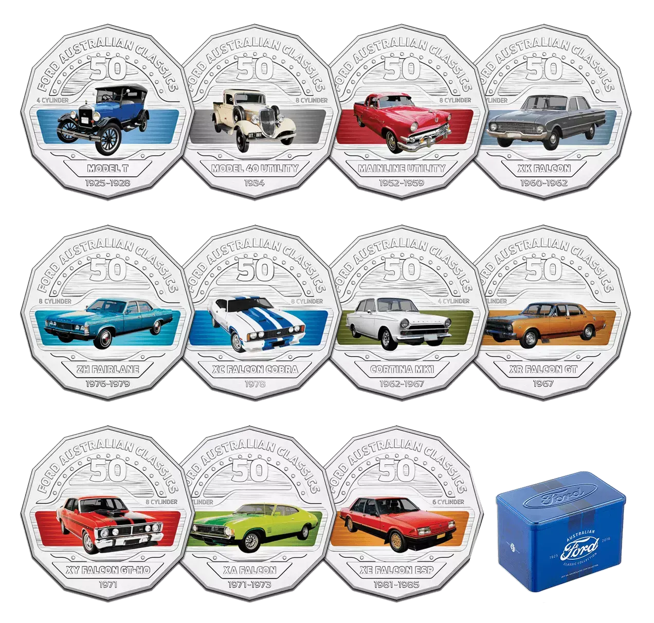 Limited Edition 2017 FORD AUSTRALIAN CLASSIC 12 coin set WITH COLLECTORS TIN - factory sealed!