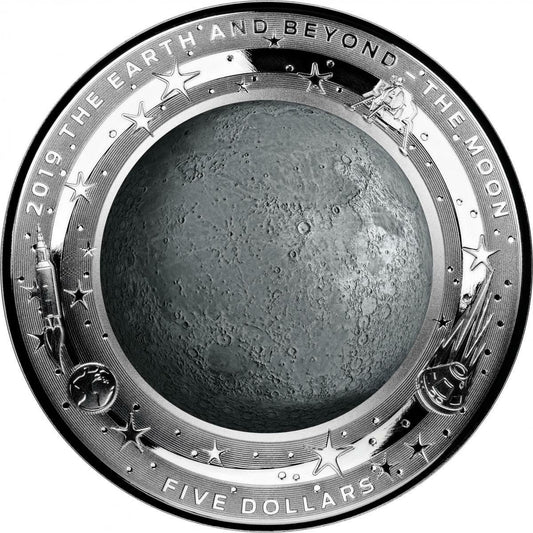 2019 The Earth & Beyond “THE MOON” $5 coloured fine silver proof domed coin