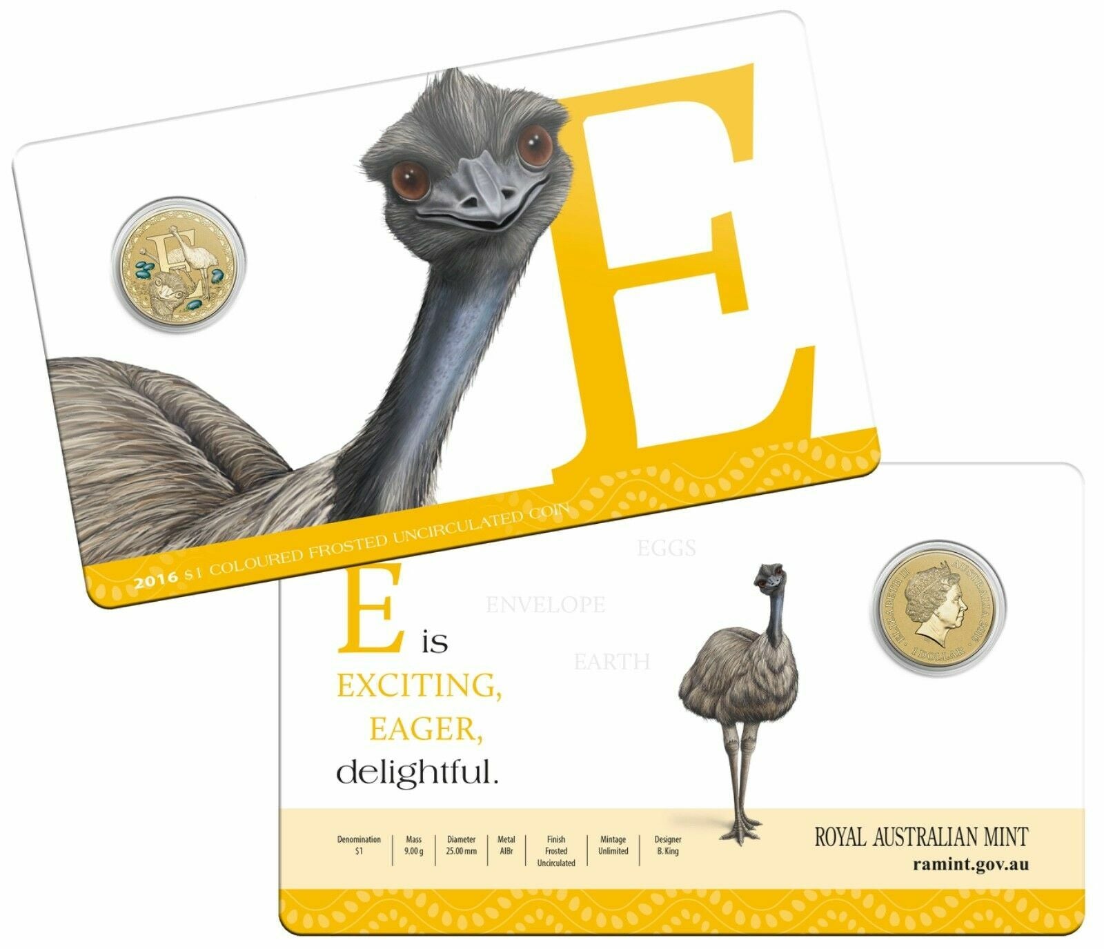 2016 Alphabet Collection Letter E $1 Coloured Frosted Coin RAM