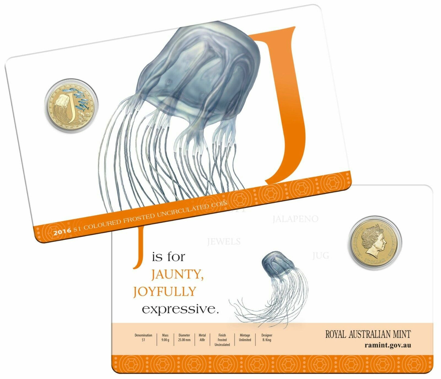 2016 Alphabet Collection Letter J $1 Coloured Frosted Coin RAM