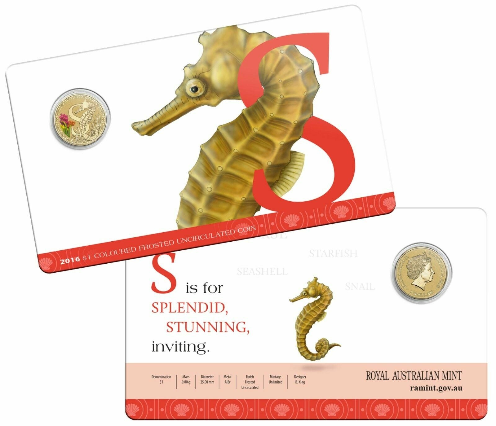 2016 Alphabet Collection Letter S $1 Coloured Frosted Coin RAM