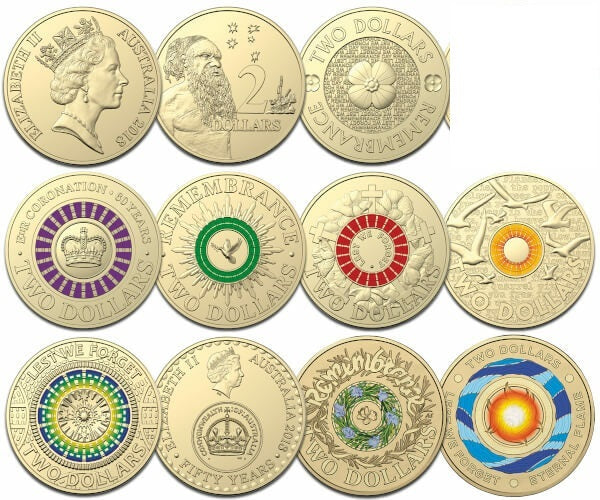 2018 $2 11 Coin Coloured Uncirculated Set (30th Anniversary of the $2 coin) * Missing red poppy*