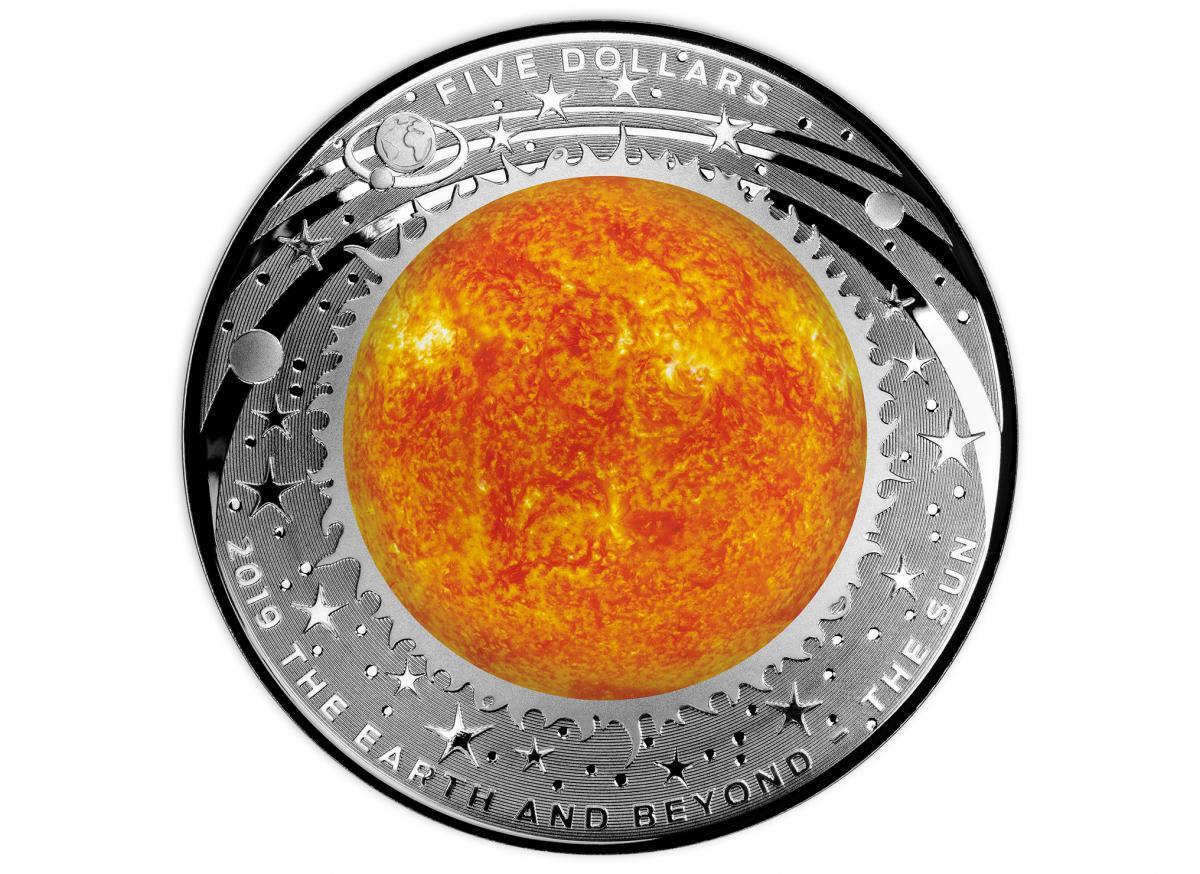 2019 The Earth & Beyond “SUN” $5 coloured fine silver proof domed coin.