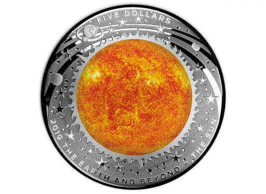 2019 The Earth & Beyond “SUN” $5 coloured fine silver proof domed coin.