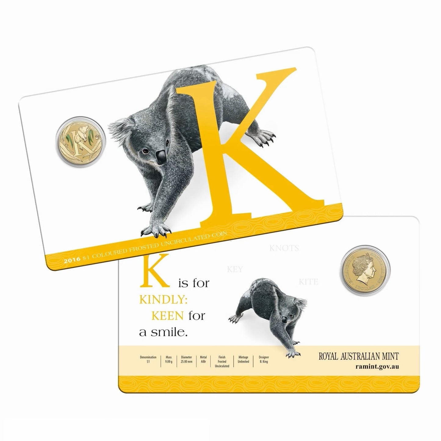2016 Alphabet Collection Letter K $1 Coloured Frosted Coin RAM