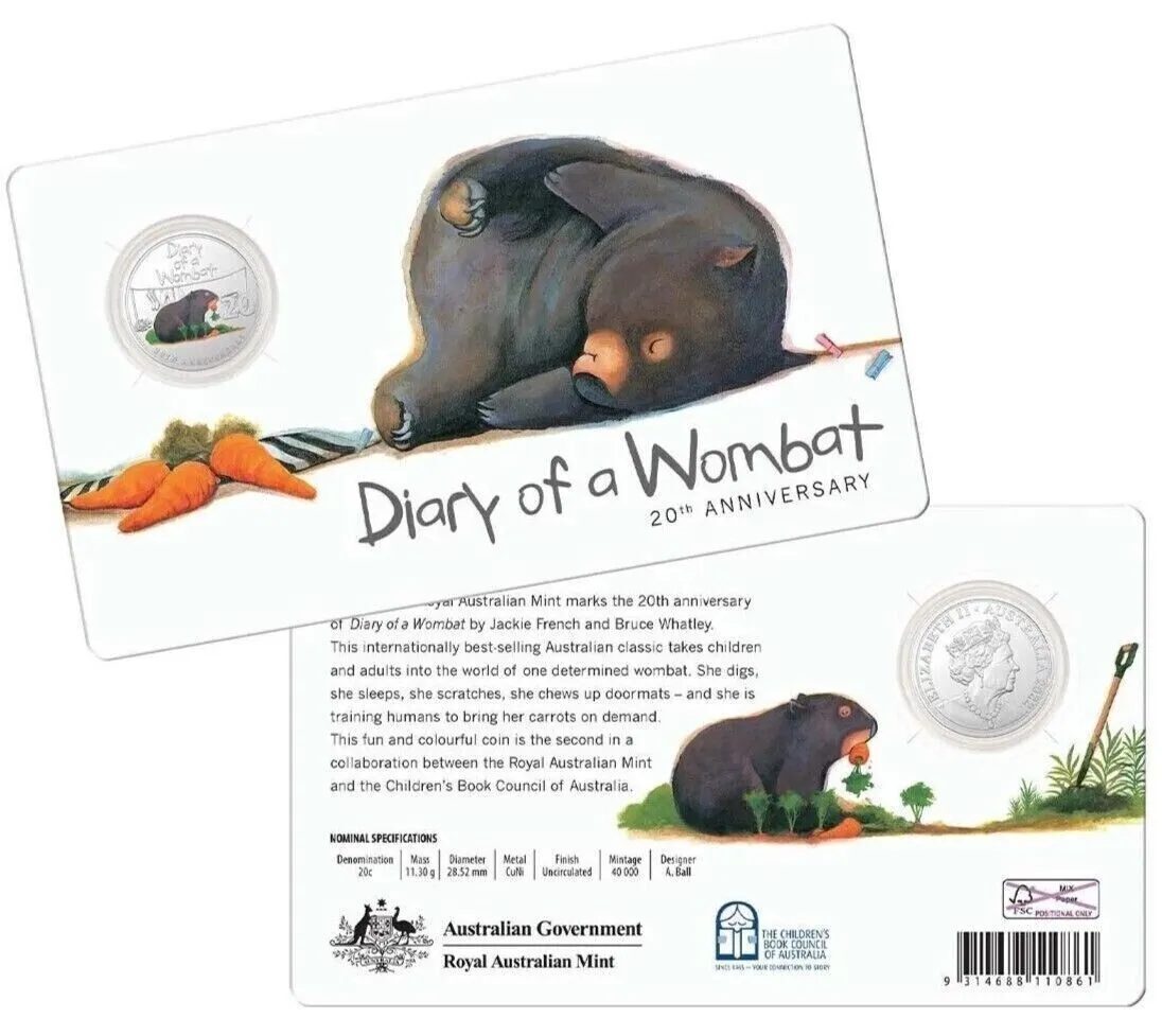 2022 20th Anniversary Of Diary of a Wombat 20c Coloured Uncirculated Coin
